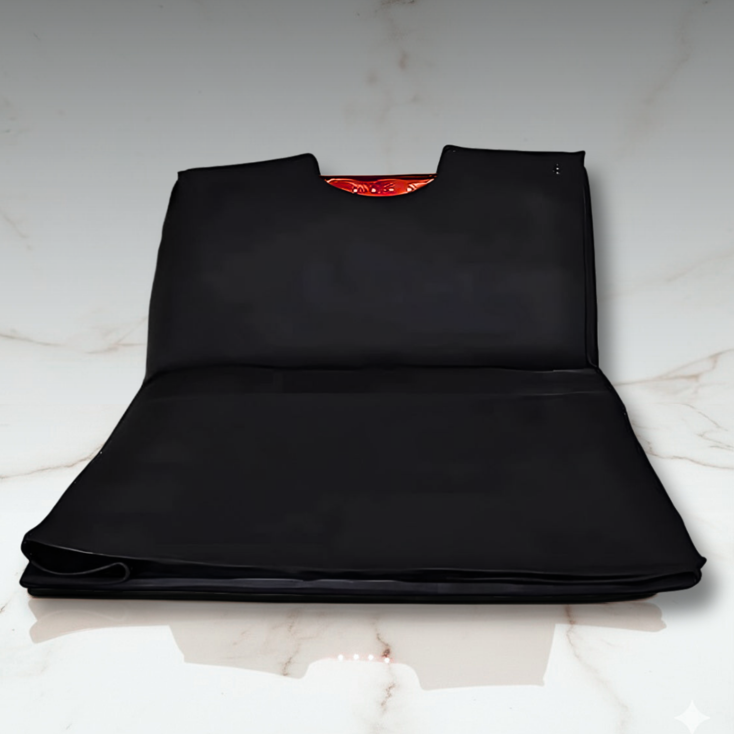 Black mat with a red logo on a white background